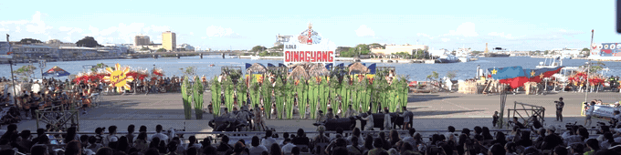 Cry of Jelicuon performers among the tall, heavy stage set pieces